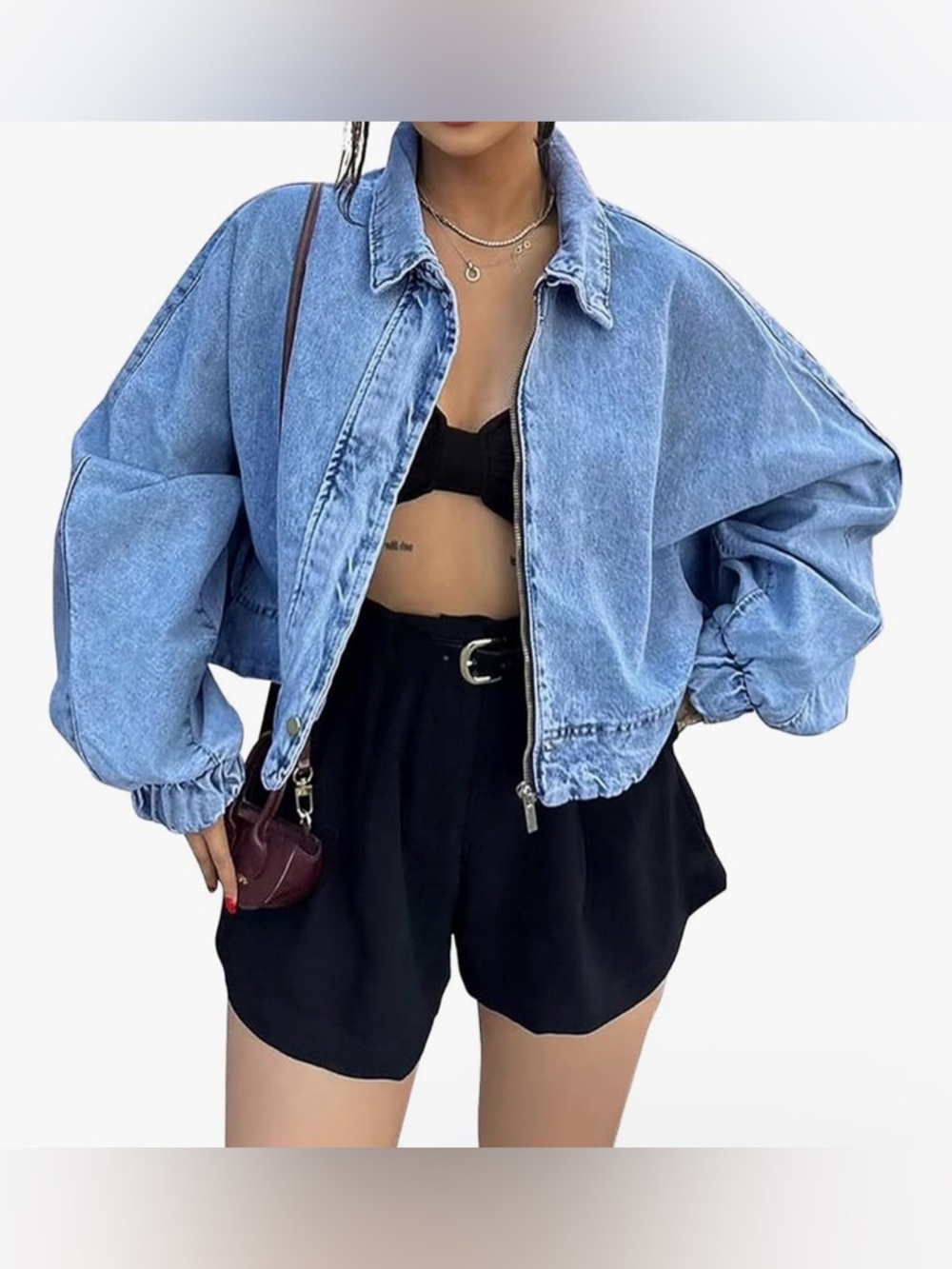 Womens OSCropped Denim Light Wash Blue Bomber Shacket- 2colors & size S-3x